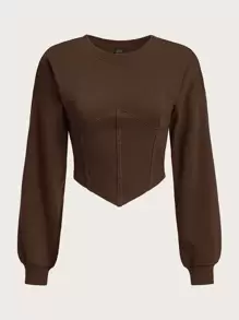 SHEIN EZwear Solid Drop Shoulder Hanky Hem Crop Sweatshirt,Long Sleeve Tops In Fall/Winter