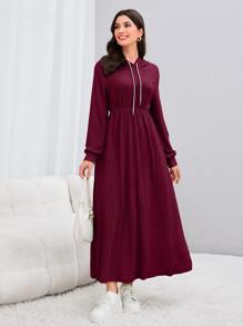 Mulvari Burgundy Red Drop Shoulder Drawstring Hooded Sweatshirt Dress Pullover Fall Outfit - Burgundy - View 1