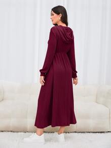 Mulvari Burgundy Red Drop Shoulder Drawstring Hooded Sweatshirt Dress Pullover Fall Outfit - Burgundy - View 2