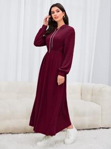 Mulvari Burgundy Red Drop Shoulder Drawstring Hooded Sweatshirt Dress Pullover Fall Outfit - Burgundy - View 3