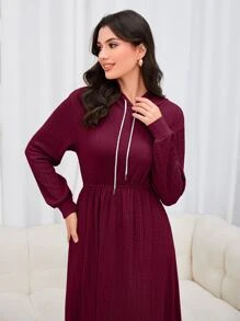 Mulvari Burgundy Red Drop Shoulder Drawstring Hooded Sweatshirt Dress Pullover Fall Outfit - Burgundy - View 4