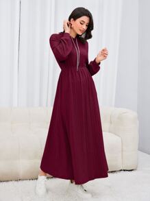 Mulvari Burgundy Red Drop Shoulder Drawstring Hooded Sweatshirt Dress Pullover Fall Outfit - Burgundy - View 5