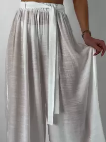 SHEIN Swim 纯色束带罩衫 夏季 - 白色 - 查看 3