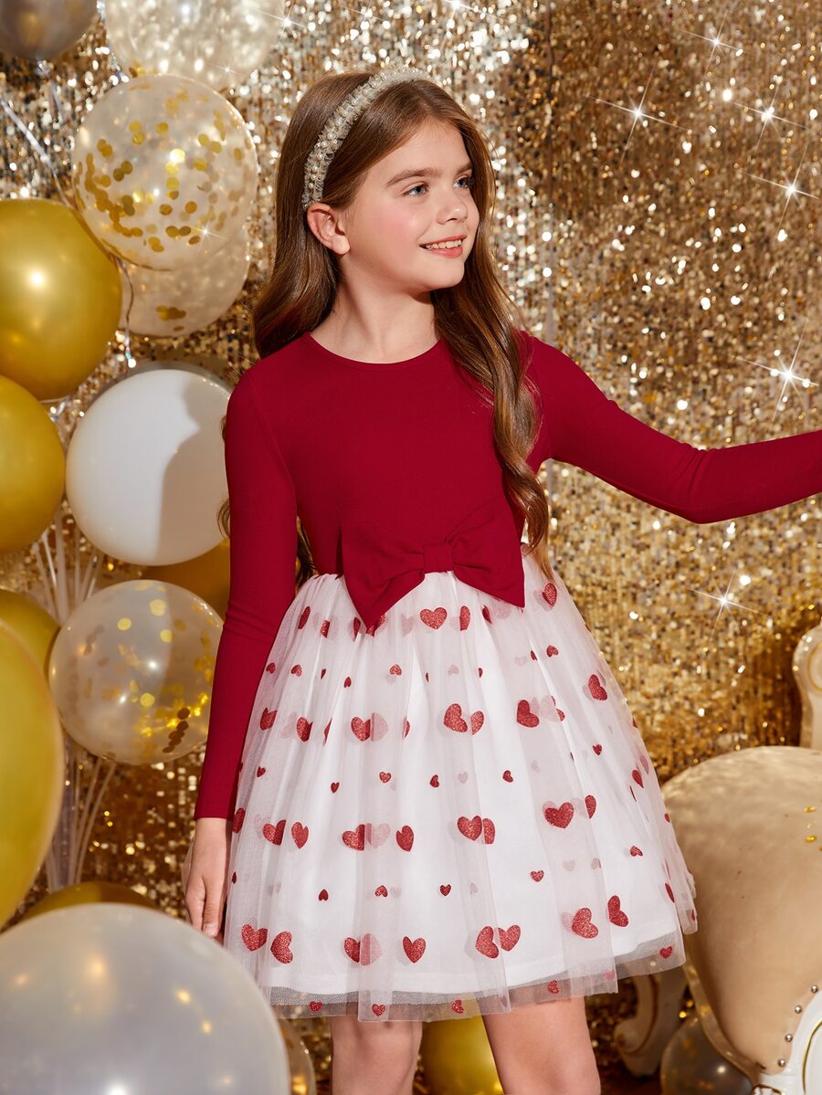 SHEIN Girls Heart Print Mesh Hem Bow Front Dress - Red and White - View 1