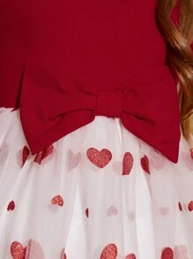 SHEIN Girls Heart Print Mesh Hem Bow Front Dress - Red and White - View 3
