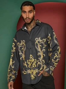 Manfinity Men Baroque Print Button Front Shirt - Black - View 1