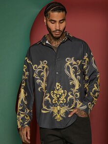 Manfinity Men Baroque Print Button Front Shirt - Black - View 3