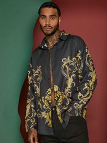 Manfinity Men Baroque Print Button Front Shirt - Black - View 4