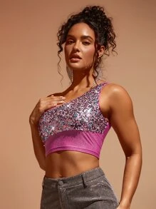 SHEIN BAE One Shoulder Sequin Crop Top - Pink - View 4