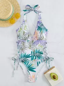 SHEIN Swim Summer Beach Tropical Print Lace-Up Side Halter One Piece Swimsuit - Multicolor - View 3