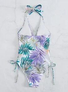 SHEIN Swim Summer Beach Tropical Print Lace-Up Side Halter One Piece Swimsuit - Multicolor - View 4