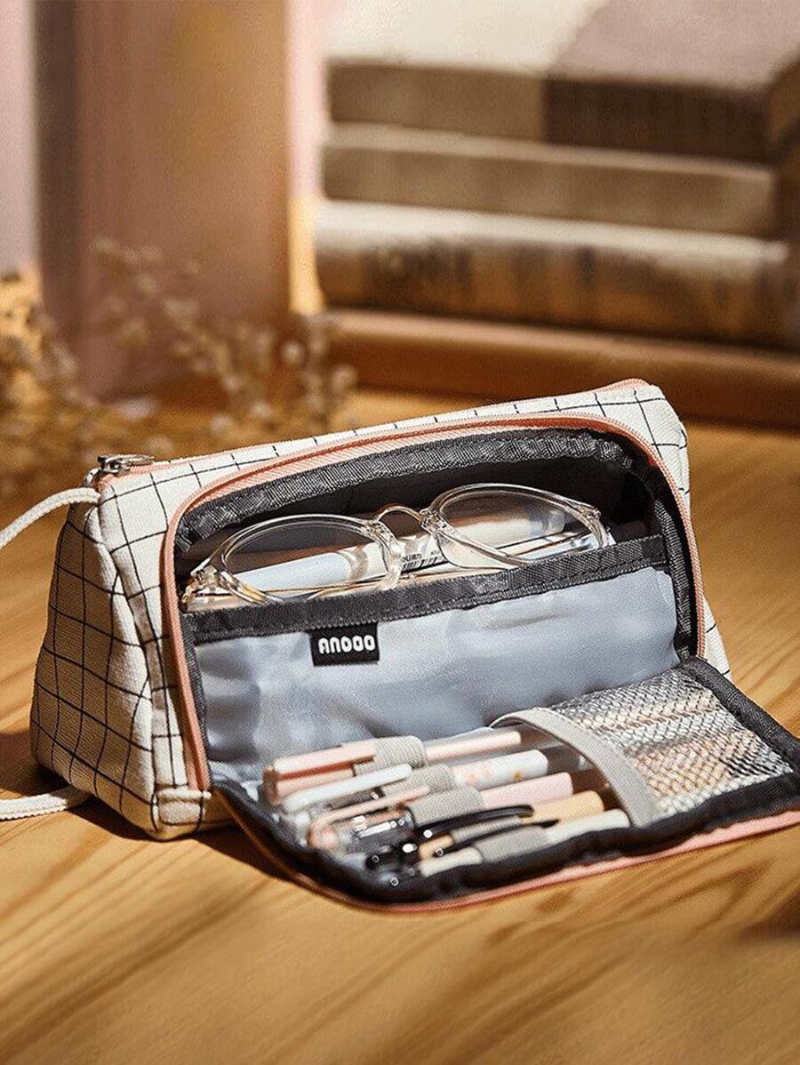 1入組格紋圖案筆袋 - 彩色 - 查看 1