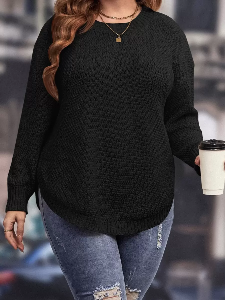 SHEIN LUNE Plus Drop Shoulder Curved Hem Sweater, For Winter Knit Pullover Fall Outfit Autumn - Black - View 1