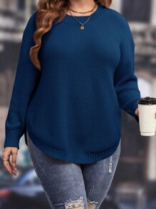 SHEIN LUNE Plus Drop Shoulder Curved Hem Jumper - Navy Blue - View 1