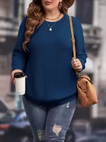 SHEIN LUNE Plus Drop Shoulder Curved Hem Jumper - Navy Blue - View 3