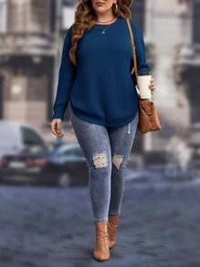 SHEIN LUNE Plus Drop Shoulder Curved Hem Jumper - Navy Blue - View 4