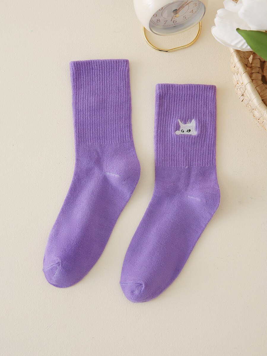 2pairs Men Cartoon Cat Embroidered Crew Socks - Multicolor - View 1