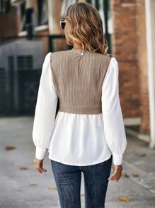 SHEIN Frenchy Two Tone Puff Sleeve 2 In 1 Blouse - Khaki - View 2