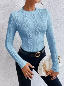 SHEIN Frenchy Solid Lettuce Trim Tee Winter - Blue - View 1