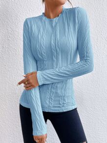 SHEIN Frenchy Solid Lettuce Trim Tee Winter - Blue - View 3