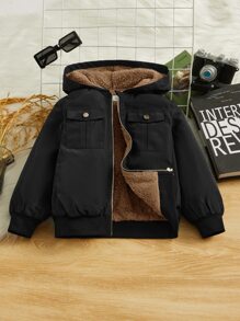 SHEIN 小男童翻蓋口袋毛絨內襯連帽夾克