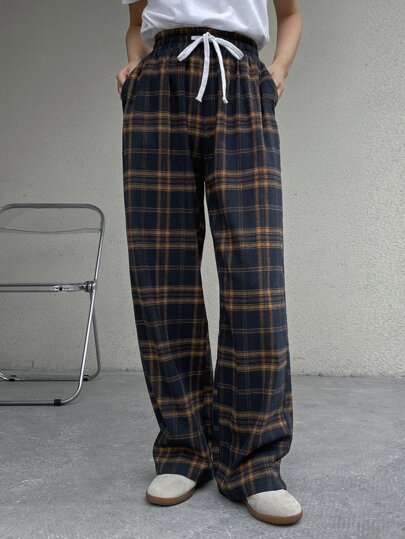 DAZY Women's Drawstring Waist Plaid Pocket Straight Loose Casual Pants