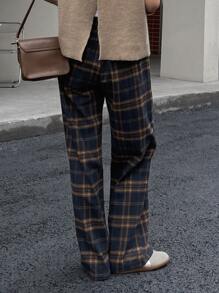 DAZY Women's Drawstring Waist Plaid Pocket Straight Loose Casual Pants