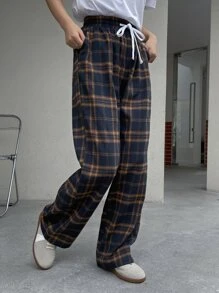 DAZY Women's Drawstring Waist Plaid Pocket Straight Loose Casual Pants