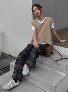 DAZY Women's Drawstring Waist Plaid Pocket Straight Loose Casual Pants