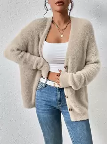 SHEIN Essnce Drop Shoulder Fluffy Knit Cardigan - Khaki - View 1