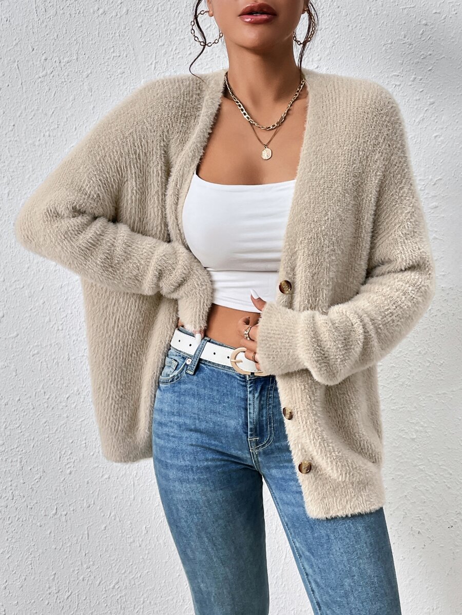 SHEIN Essnce Drop Shoulder Fluffy Knit Cardigan - Khaki - View 1