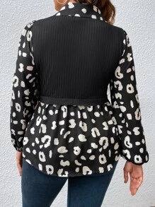 Flirla 大碼豹紋印花燈籠袖花邊下擺上衣 - 黑色 - 查看 2