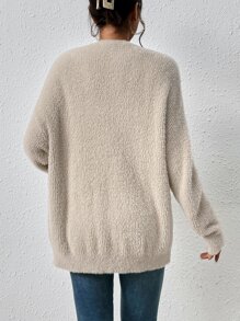 SHEIN Essnce Drop Shoulder Fluffy Knit Cardigan - Khaki - View 2