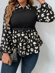 Flirla 大碼豹紋印花燈籠袖花邊下擺上衣 - 黑色 - 查看 5