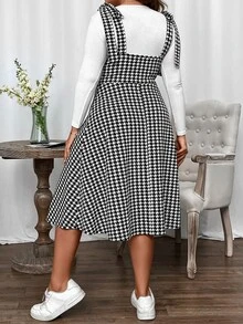 SHEIN Unity Plus Houndstooth Print Tie Shoulder Pinafore Dress Without Tee - Black and White - View 2