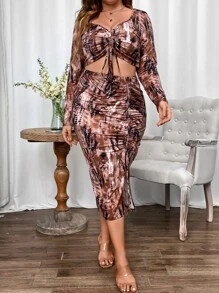 Celure Plus Tie Dye Drawstring Front Crop Top & Split Thigh Skirt - Multicolor - View 5