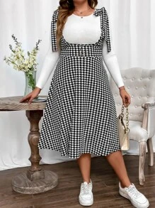 SHEIN Unity Plus Houndstooth Print Tie Shoulder Pinafore Dress Without Tee - Black and White - View 5