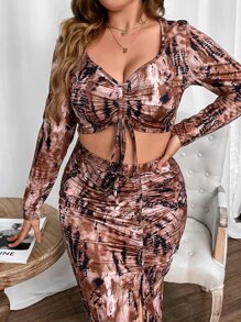 Celure Plus Tie Dye Drawstring Front Crop Top & Split Thigh Skirt - Multicolor - View 6