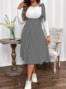 SHEIN Unity Plus Houndstooth Print Tie Shoulder Pinafore Dress Without Tee - Black and White - View 7