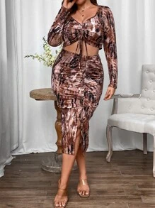 Celure Plus Tie Dye Drawstring Front Crop Top & Split Thigh Skirt - Multicolor - View 7