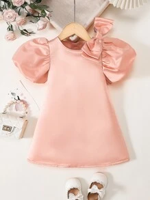 年輕女孩們前蝴蝶結泡泡袖派對禮服 - 粉色 - 查看 1