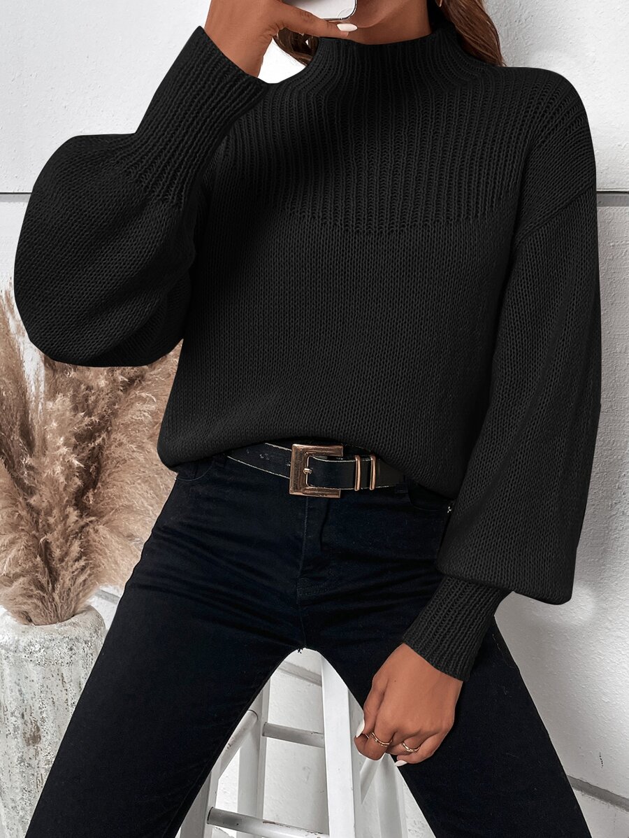 SHEIN Privé Mock Neck Lantern Sleeve Jumper - Black - View 1