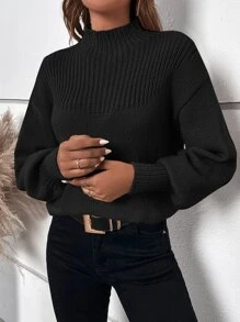 SHEIN Privé Mock Neck Lantern Sleeve Jumper - Black - View 4