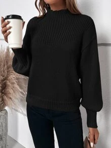 SHEIN Privé Mock Neck Lantern Sleeve Jumper - Black - View 5