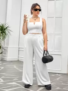 SHEIN EZwear Bộ thời trang Plus Size Nút Túi Dây kéo màu trơn Giải trí - trắng - Xem 1