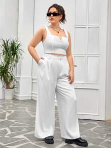 SHEIN EZwear Bộ thời trang Plus Size Nút Túi Dây kéo màu trơn Giải trí - trắng - Xem 3