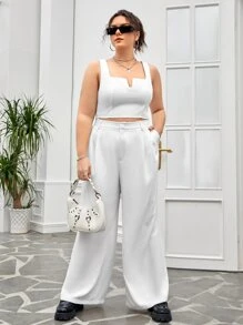 SHEIN EZwear Bộ thời trang Plus Size Nút Túi Dây kéo màu trơn Giải trí - trắng - Xem 5