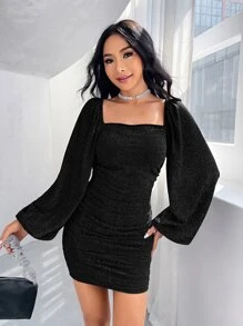 SHEIN BAE Square Neck Lantern Sleeve Ruched Metallic Bodycon Dress - Black - View 4