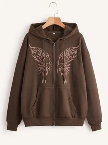 SHEIN EZwear 蝴蝶圖案落肩袖抽繩拉鍊保暖連帽衫 - 咖啡棕 - 查看 1