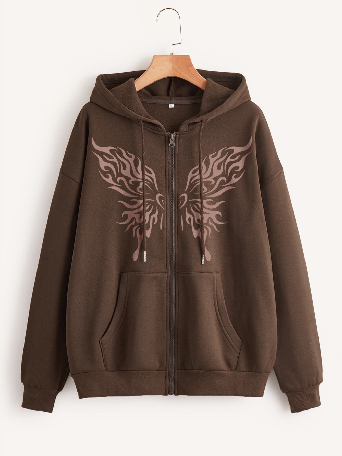 SHEIN EZwear 蝴蝶圖案落肩袖抽繩拉鍊保暖連帽衫 - 咖啡棕 - 查看 1